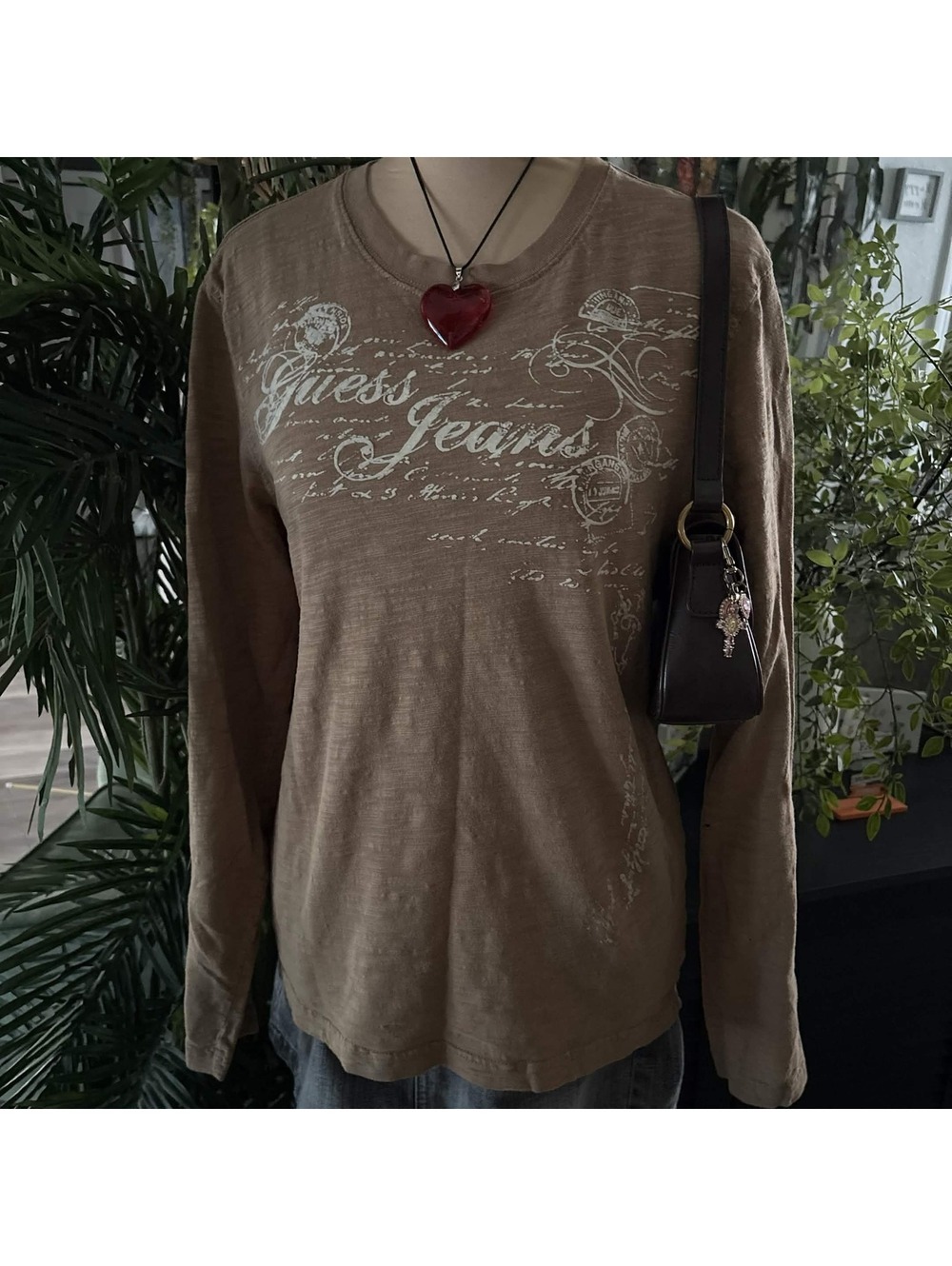 y2k guess tan long sleeve graphic top